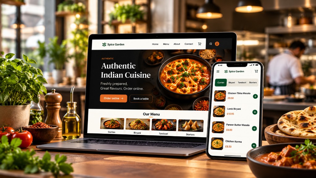 Laptop and phone showing a Spice Garden restaurant website with online ordering