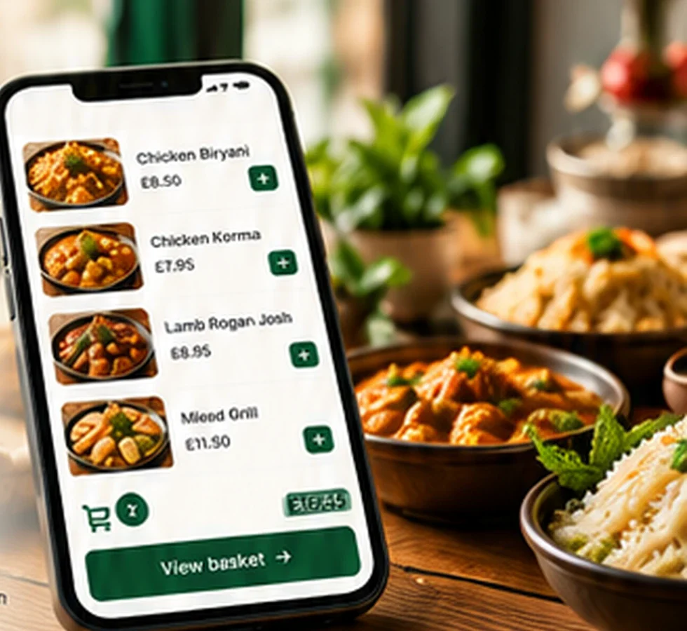 A phone menu on a table beside bowls of food